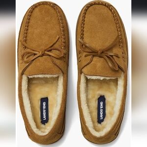 Lands End Fuzzy Lined Lace Up Moccasin Slippers In English Tan Size 9.5